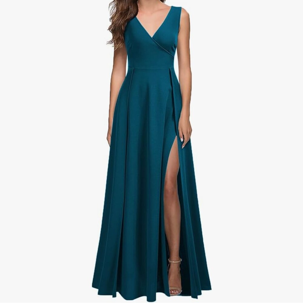 MUSHARE V-Neck Sleeveless Formal Cocktail Party Long Dress (Teal, L)